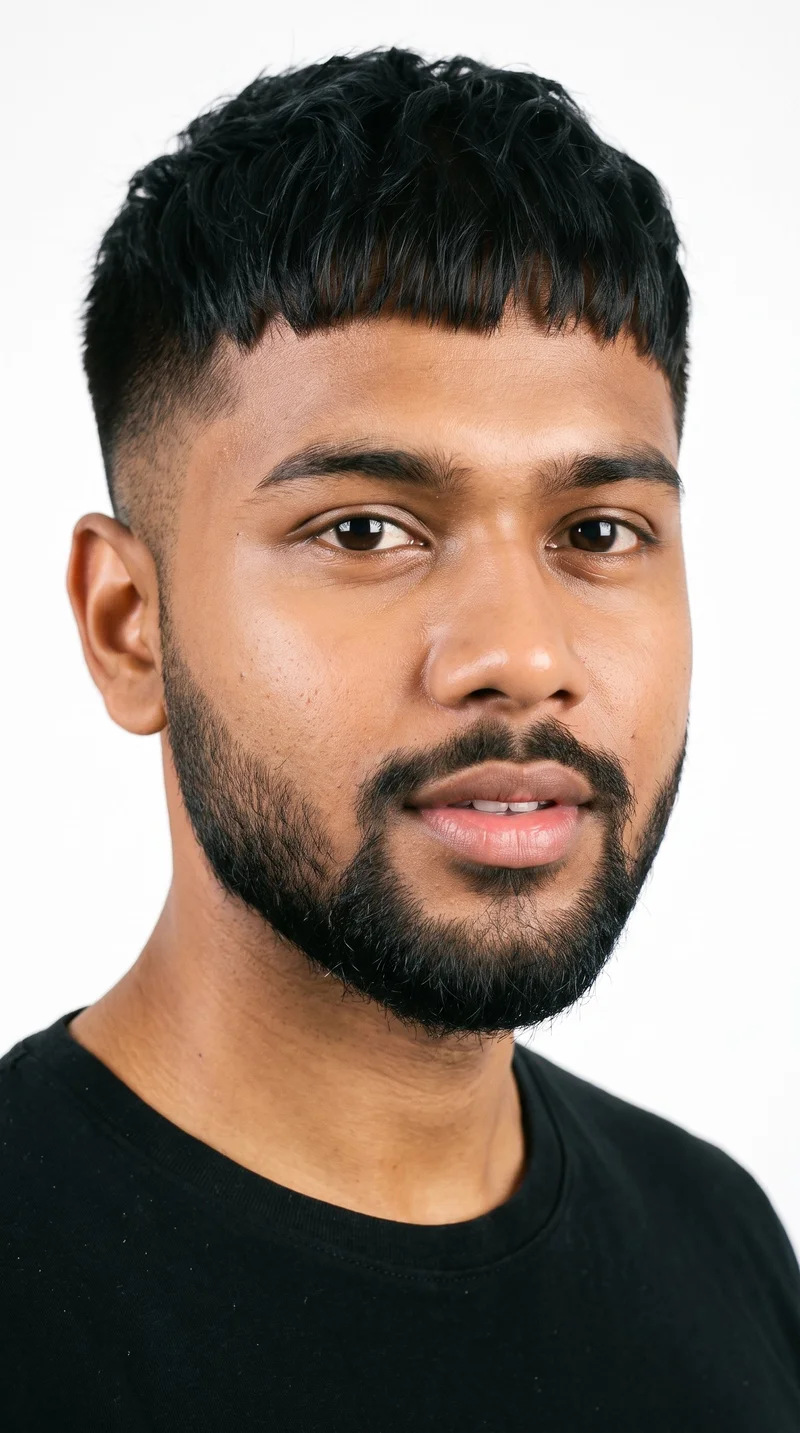 A 20-year-old Indian man with medium-brown caramel skin and a neutral undertone has a round face with soft, full contours and few angles. His medium-thickness eyebrows frame very dark, near-black eyes, and he has very full lips. His black hair is styled in a French crop with short sides and a short, blunt fringe. He wears a short, full beard that is evenly trimmed with clean cheek and neckline edges.