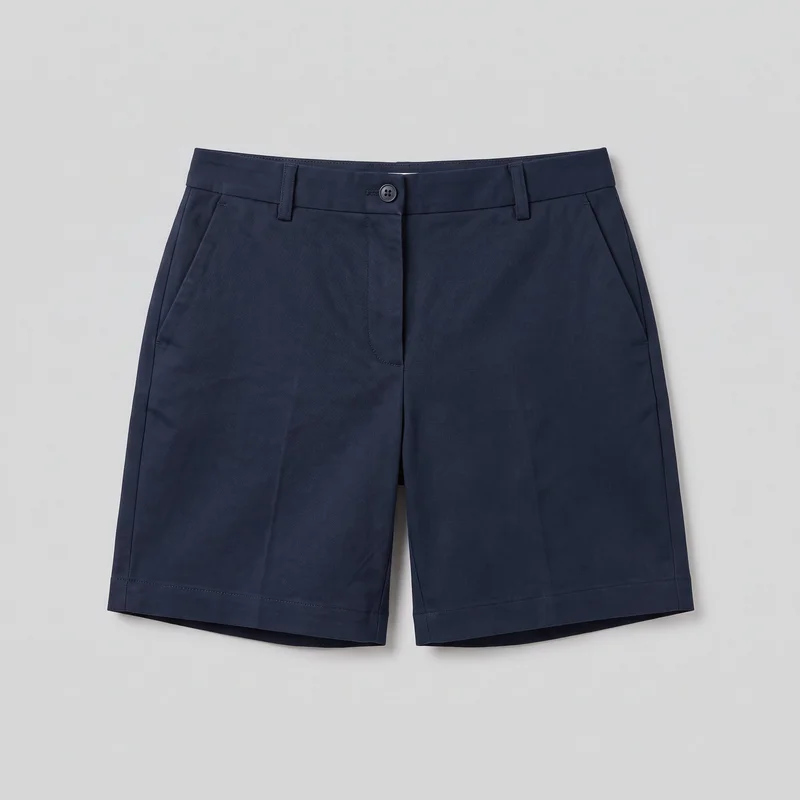 Navy women's tailored shorts shown in a front flat-lay view. They have a structured waistband with a single button closure, a fly, belt loops, slanted side pockets, center front leg creases, vertical side seams, and knee-length straight hemmed legs.