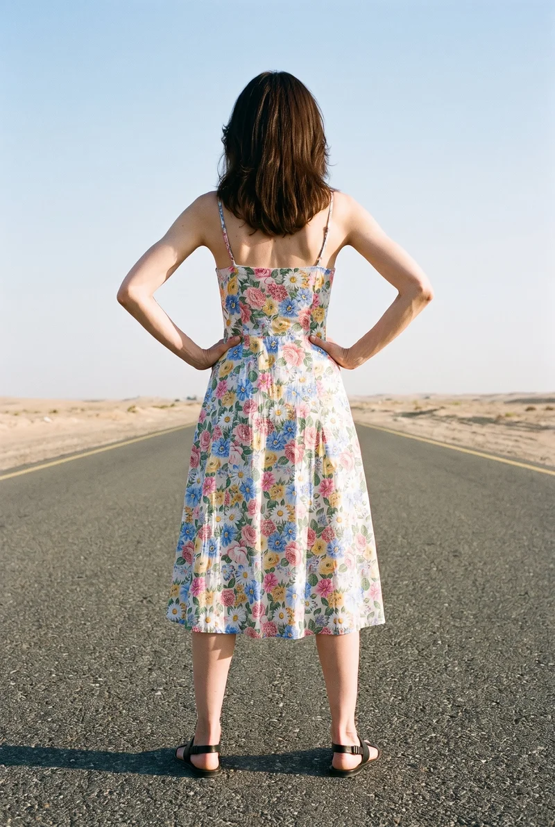 A 38-year-old Slavic woman wears a floral print slip dress in a full-body rear view, standing with her hands on her hips. An endless desert highway serves as the backdrop.