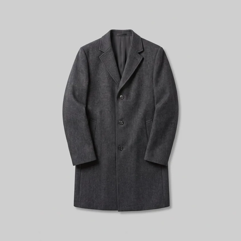 A charcoal men's longline overcoat is shown as a standalone product in a mostly complete front view. It has a straight regular fit, structured shoulders, long straight sleeves, notched lapels, a three-button single-breasted closure, vertical front seams, low welt pockets, and a straight hem.