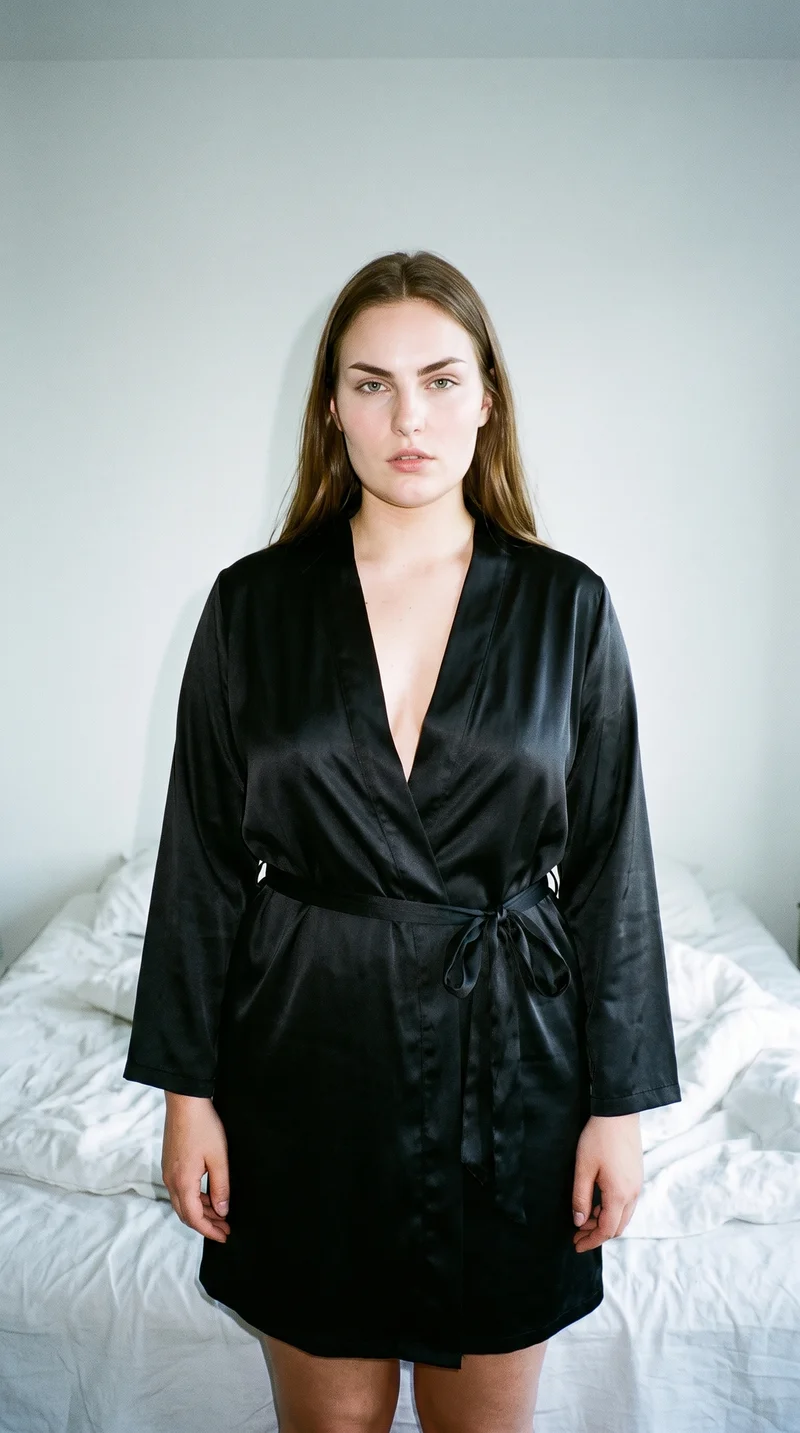 Women's Black Satin Robe, Three-quarter length at Front, Clean Catalog lighting
