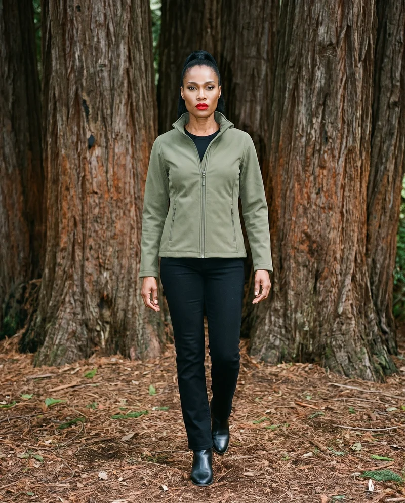 A 38-year-old African woman is shown full body from the front while walking and wearing a women's olive softshell jacket. She has a serious expression, with a redwood grove as the backdrop.