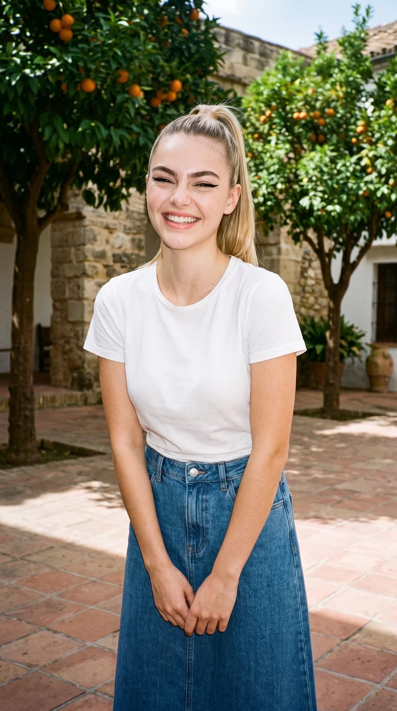 An 18-year-old Caucasian female model wears a denim A-line skirt in a three-quarter-length, angled front view with her hands in front and a natural expression. A Seville courtyard forms the backdrop.