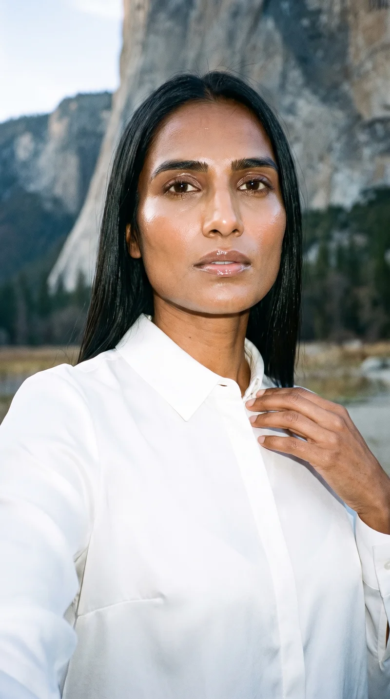 A 37-year-old Indian woman wears a white silk blouse in an over-the-shoulder selfie with a neutral expression. The front view shows the blouse against a Yosemite Valley backdrop.