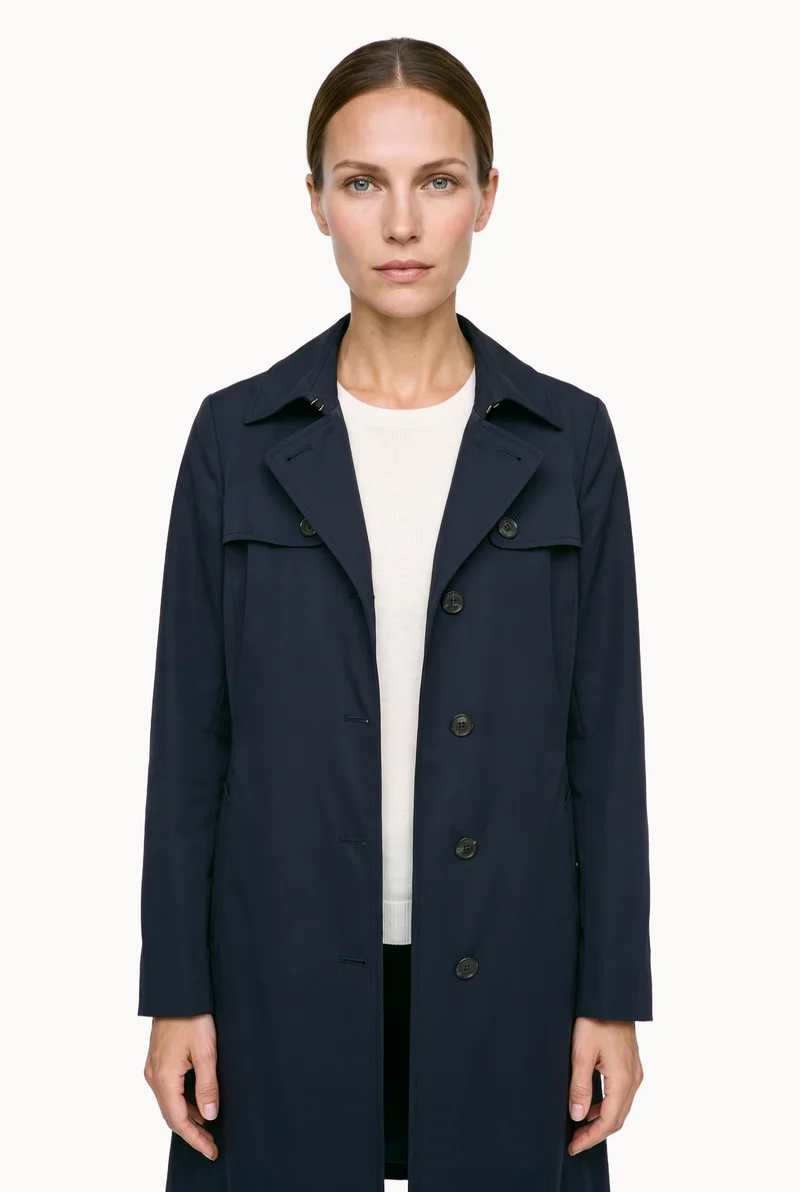 Women's Navy Trench Coat, Three-quarter length at Front, Studio Cutout lighting