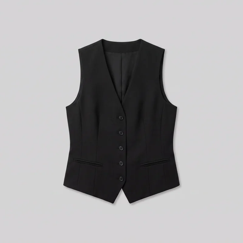 A standalone front view of a women's black sleeveless tailored waistcoat. It has a slim structured fit, broad shoulders, a deep V neckline, open armholes, no collar, five visible front buttons, vertical shaping seams, two lower-front welt pockets, and an angular pointed hem with a center split.