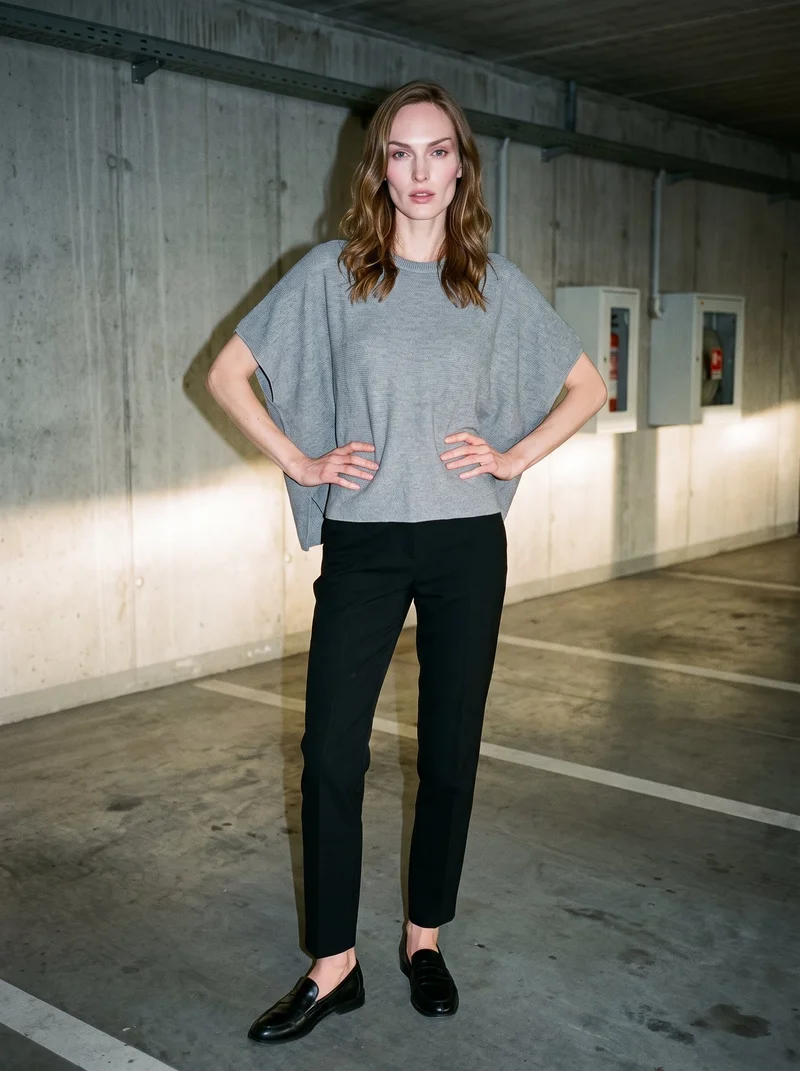 A 27-year-old Slavic woman wears a grey poncho in a full-body front view, standing with her hands on her hips and a neutral expression. A concrete parking garage forms the backdrop.