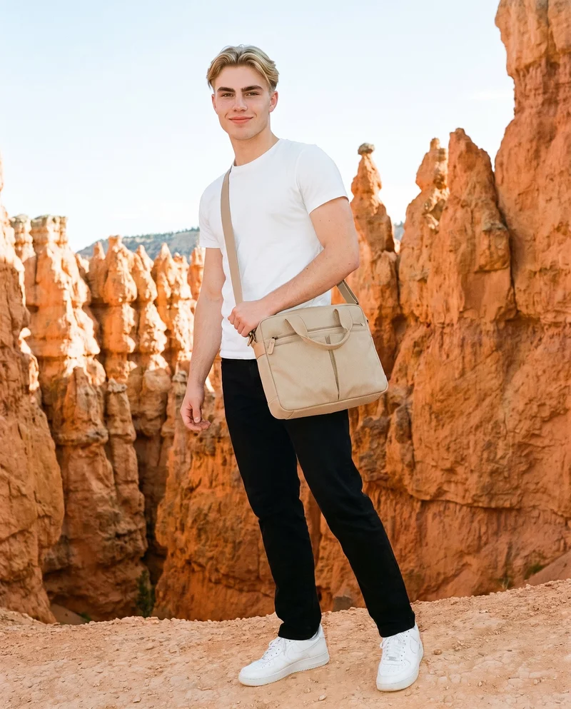 A smiling 19-year-old Caucasian man is shown full body from an angled front view while carrying a men's beige canvas crossbody bag. Bryce Canyon hoodoos form the backdrop.