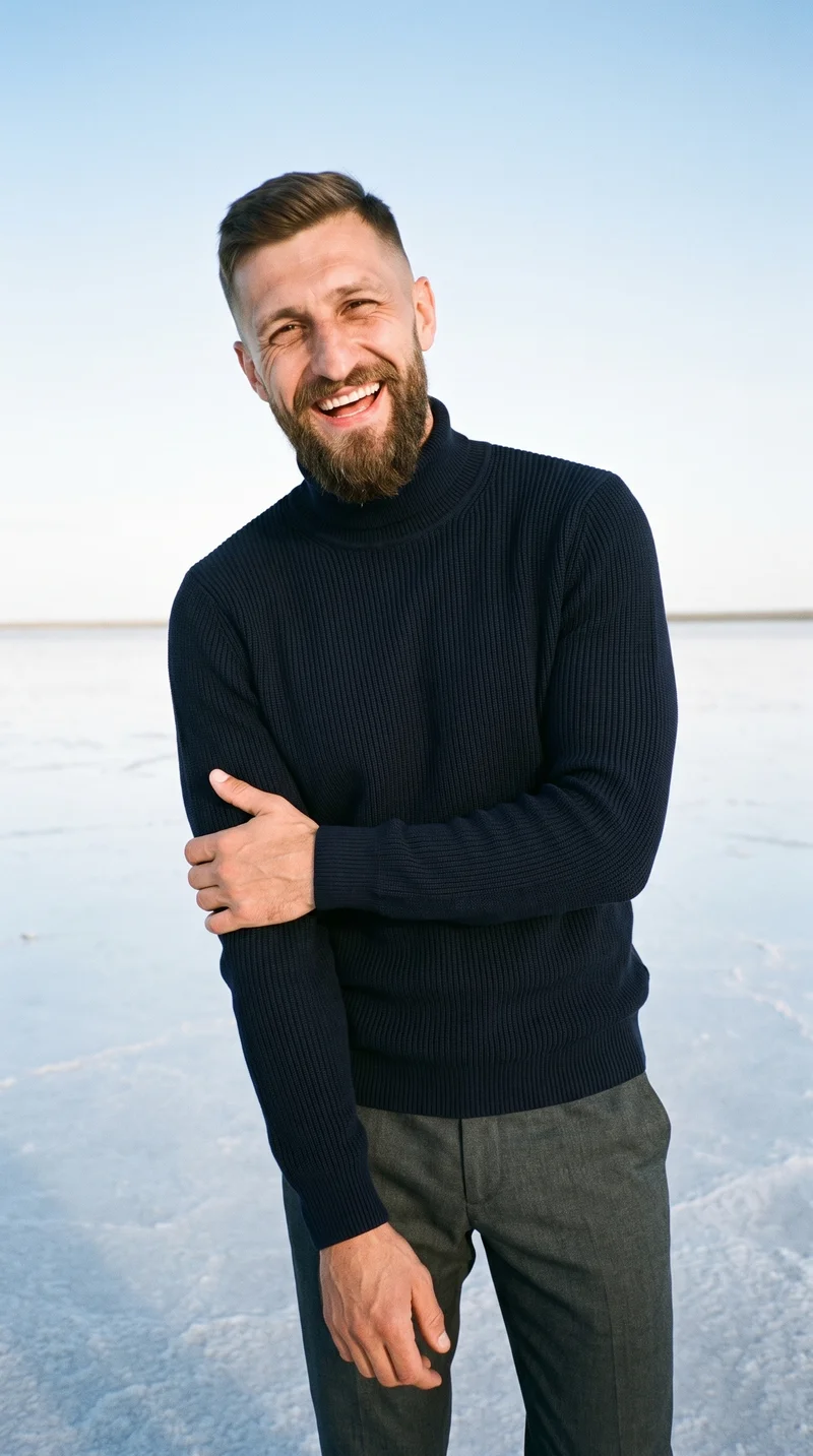 Men's Navy Ribbed Turtleneck, Upper body at Three-quarter, Flash Editorial lighting