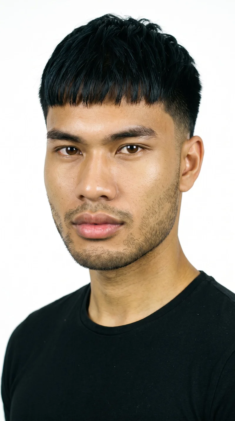 This 18-year-old Southeast Asian man has a medium olive skin tone with a neutral, greenish-golden undertone. His triangle-shaped face has a wide jaw that narrows toward the forehead, emphasizing the lower face. He has thin eyebrows, brown eyes, and very full lips. His black hair is styled in a French crop with short sides and a short, blunt fringe. Dense heavy stubble forms a dark, defined layer across the beard area.