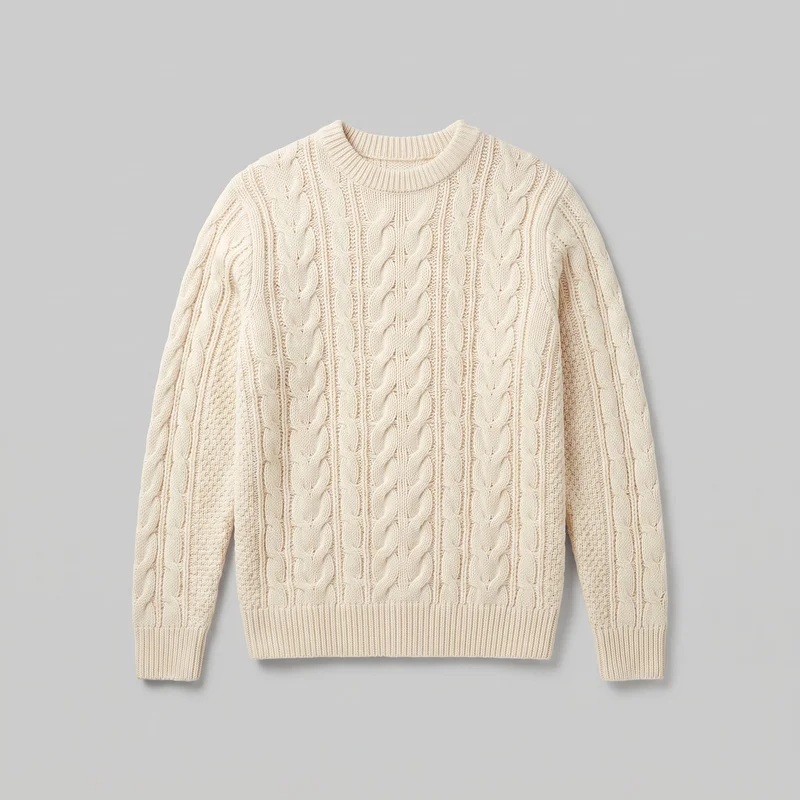 A cream men's crewneck pullover sweater is laid flat in a mostly complete front view. It has long sleeves, a rounded ribbed neckline, ribbed cuffs, a straight ribbed hem, and an all-over vertical cable-knit texture with raised braided cables alternating with narrower ribbed and textured stitch columns. No closures, pockets, logos, prints, patches, embroidery, or embellishments are visible.