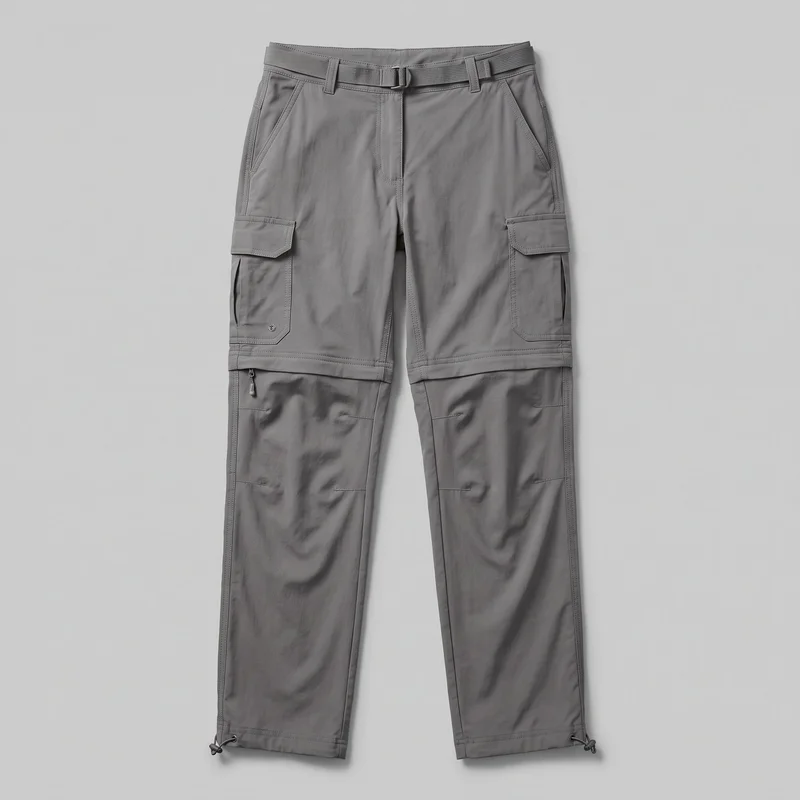 Mostly complete front view of women's grey convertible hiking trousers laid flat. The cargo utility pants have a mid-rise waistband with belt loops and a web belt threaded through a rectangular buckle, two angled front pockets, large flap cargo pockets on the thighs, reinforced stitching, lower-leg panel seams, a visible side zipper pull, and drawcord hems with cord locks.