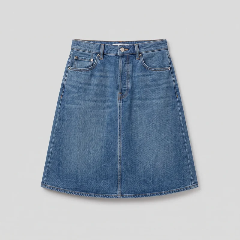 A complete front view of a mid-wash high-rise denim skirt laid flat. The structured A-line design is fitted at the waistband and upper hip before flaring to a wide midi-length hem, with belt loops, a metal button closure, a fly-style placket, curved front scoop pockets, a small coin pocket, visible rivets, side seams, a center front seam, contrast topstitching, and a straight stitched hem.