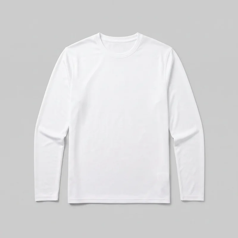 A plain white men's long-sleeve performance base layer is shown as a standalone front view. The lightweight stretch jersey shirt has a close, body-skimming fit, a narrow bound crew neckline, visible shoulder and sleeve seams, fitted sleeve ends at the wrists, and a straight hem at the hips.