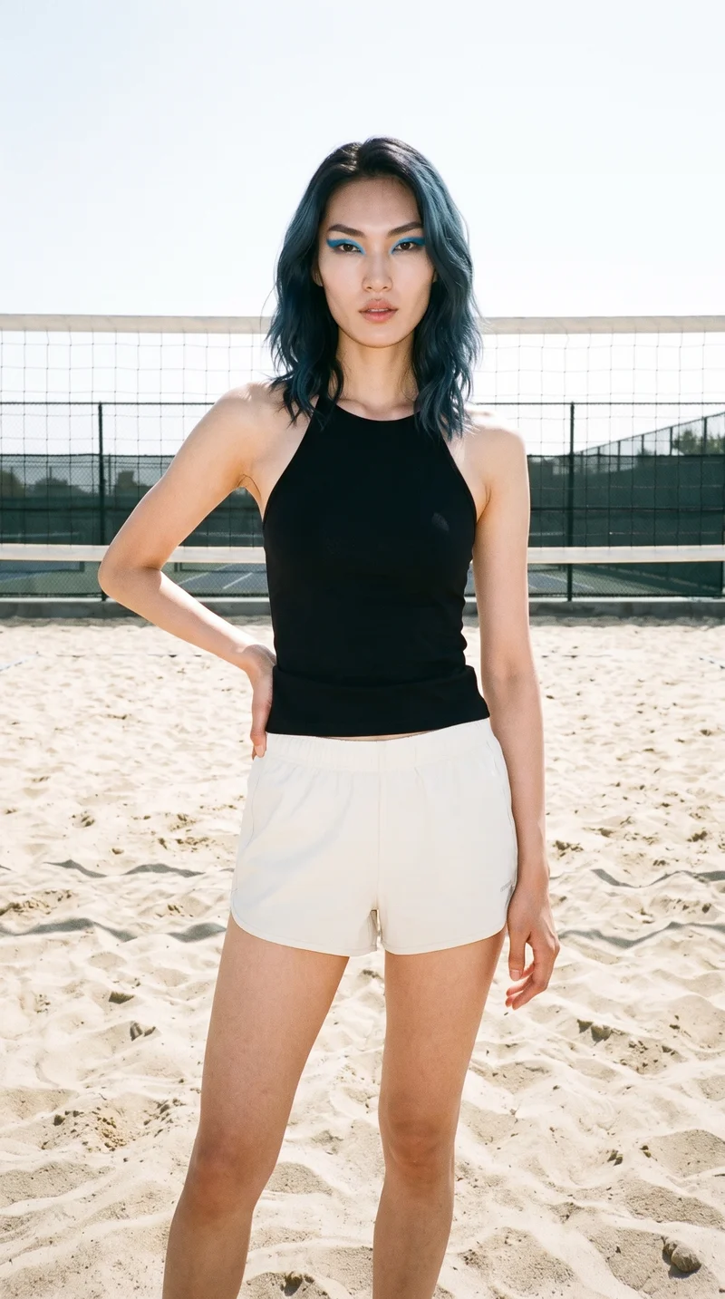 A 30-year-old Korean woman wears a black halter top in a full-body front view, standing with one hand on her hip and a soft facial expression. A beach volleyball court serves as the backdrop.