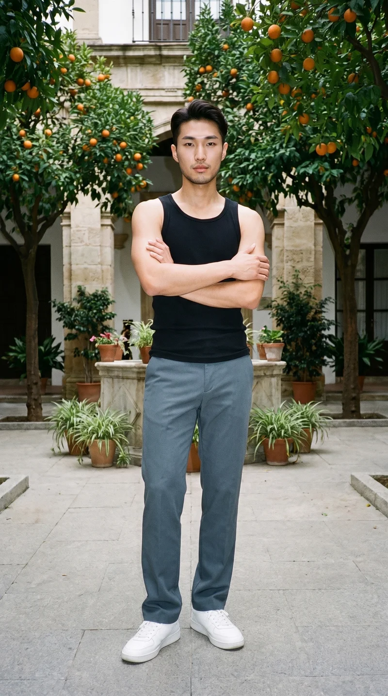 A 23-year-old Korean man wears a black ribbed tank top in an environmental composition. He is shown from a front three-quarter angle with his arms crossed and a confident expression, against a Seville courtyard backdrop.