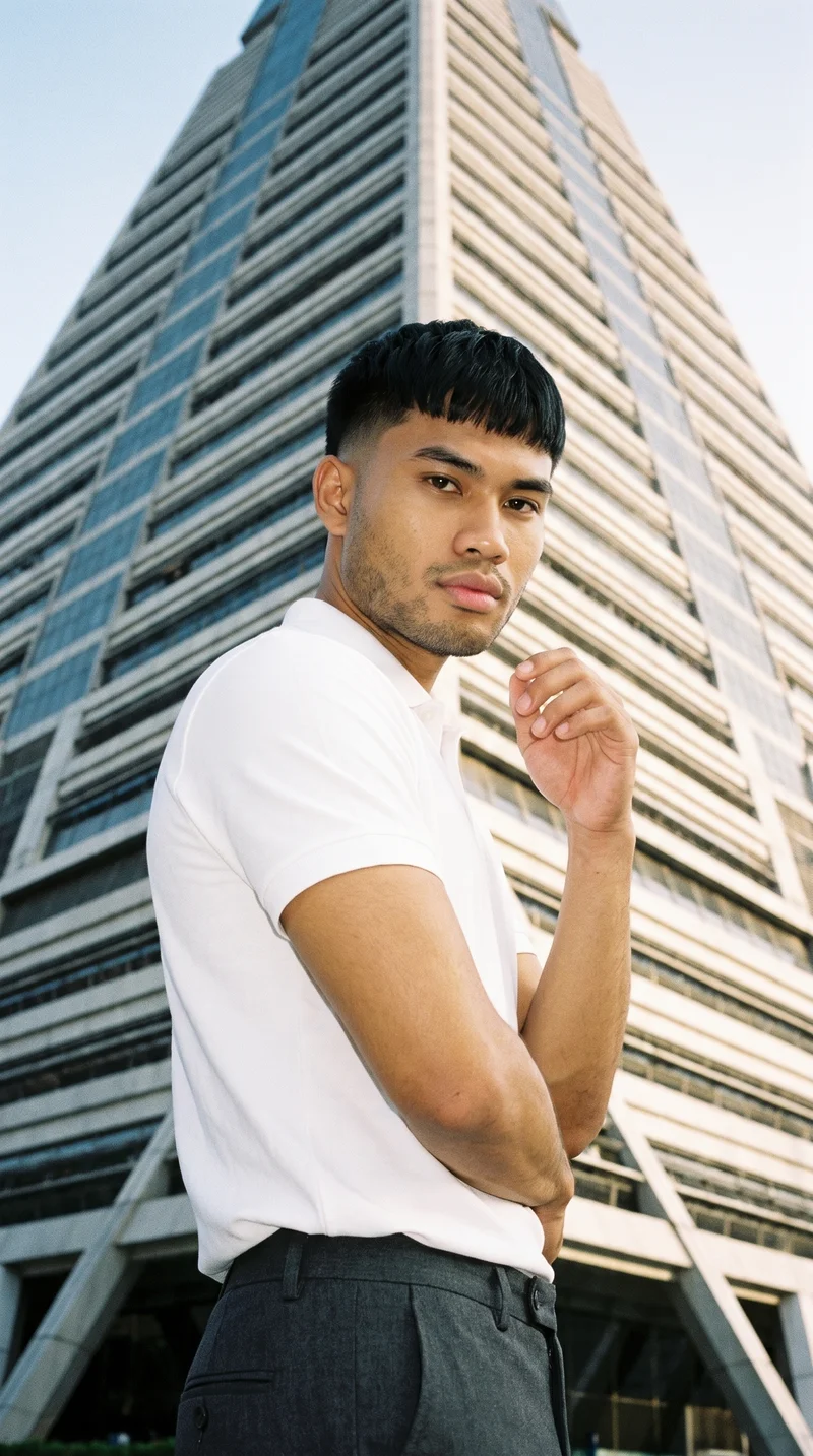 An 18-year-old Southeast Asian man wears a white polo shirt in an upper-body view from a front three-quarter angle. He has one hand at his chin and a serious expression, with the Pyramid Building shown as a low-angle backdrop.