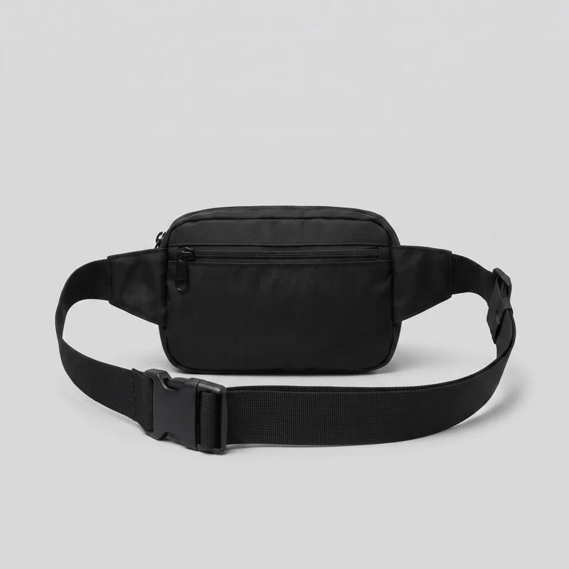 A women's nylon waist bag is shown from the front as a standalone product, with its broad adjustable strap extended around the rectangular pouch. The bag has rounded corners, piped edging, a raised main compartment with a zipper along the upper edge, and a front zip pocket spanning most of the width. An adjustable slider and side-release buckle are visible on the strap, along with angled side attachment panels and a subtle tonal mark near the lower front.