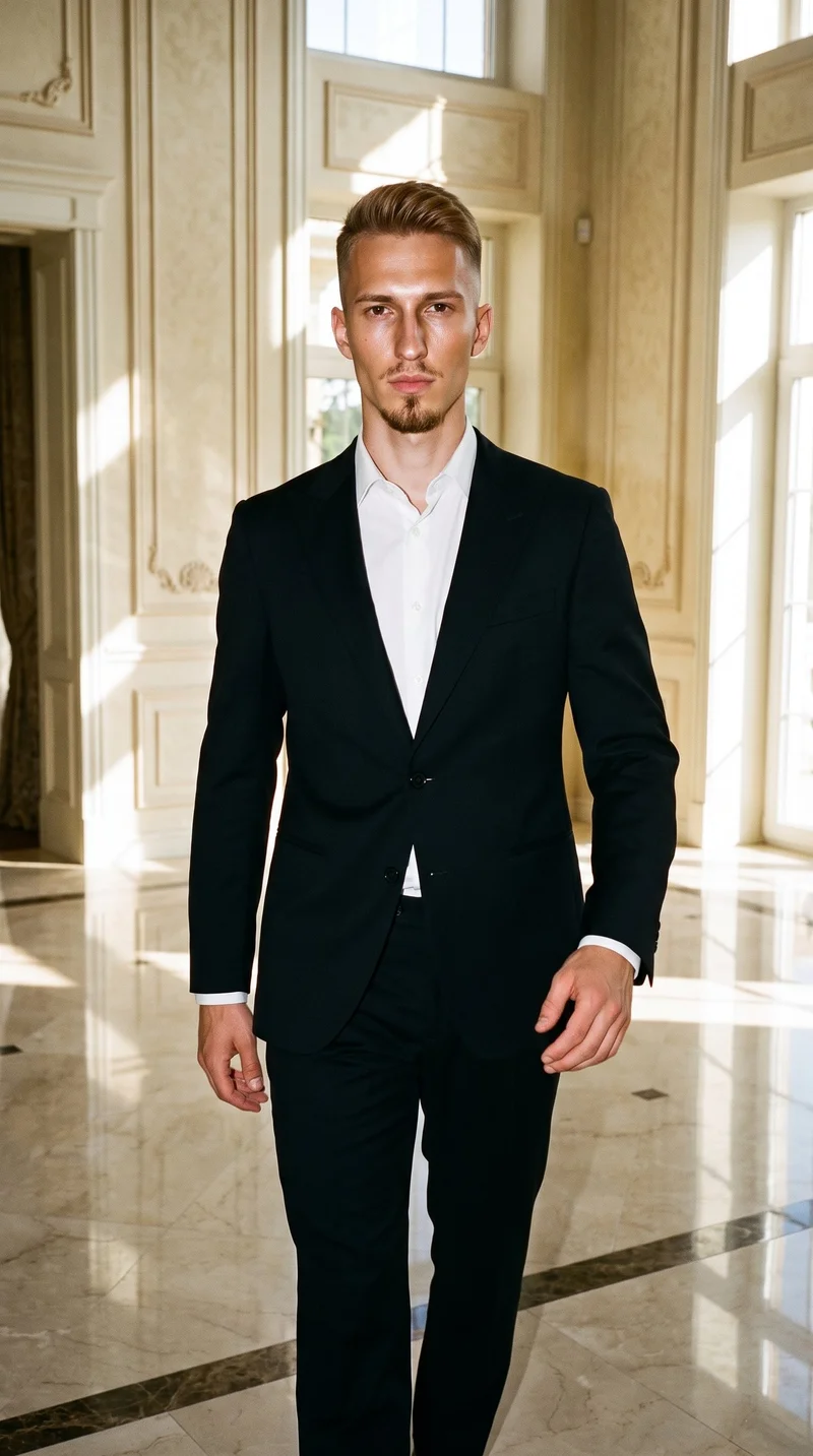 A 21-year-old Caucasian man walks toward the camera in a black slim-fit tuxedo, shown from the front in a three-quarter-length view with a neutral expression. A mansion foyer forms the backdrop.