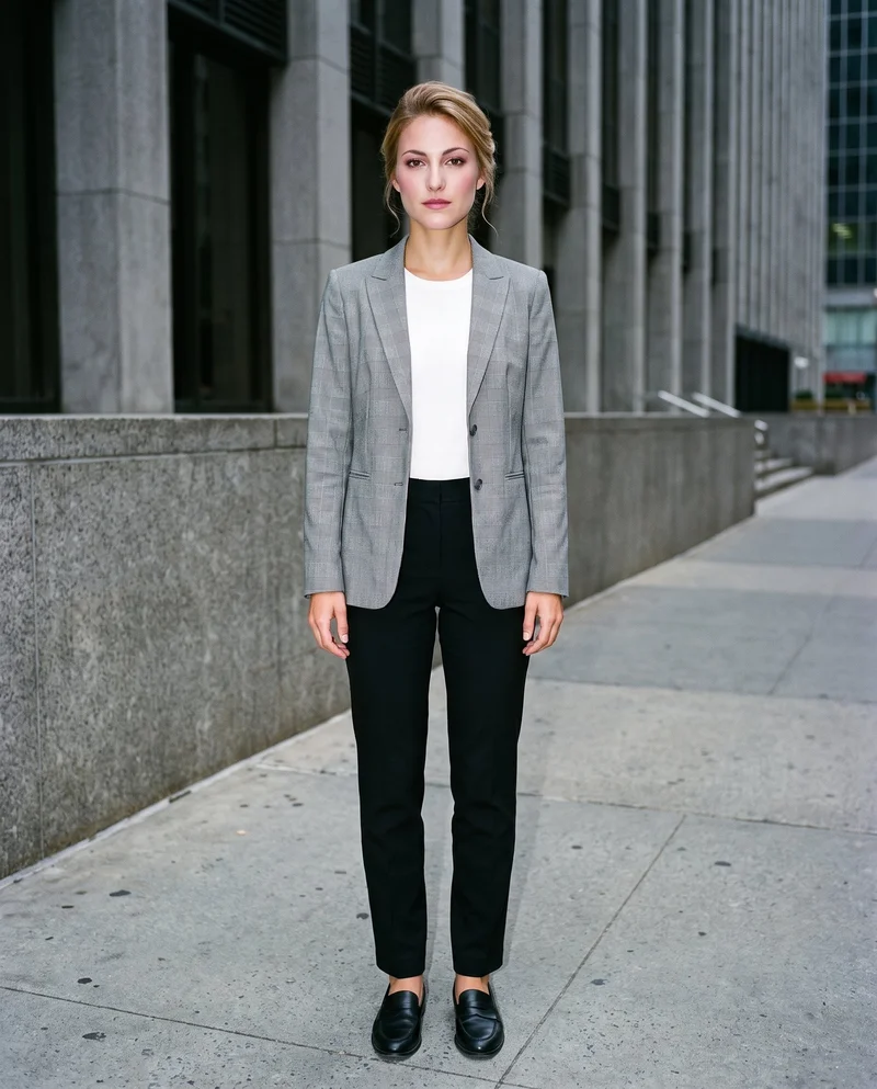A 21-year-old Caucasian woman stands straight in a full-body front view wearing a women's grey checked blazer. Her expression is neutral, and the backdrop depicts a financial district urban canyon.
