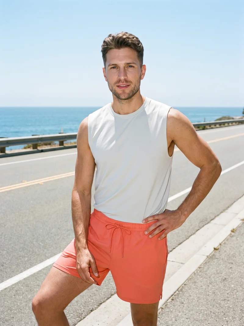 Men's Coral Lined Running Shorts, Three-quarter length at Three-quarter, Clean Catalog lighting