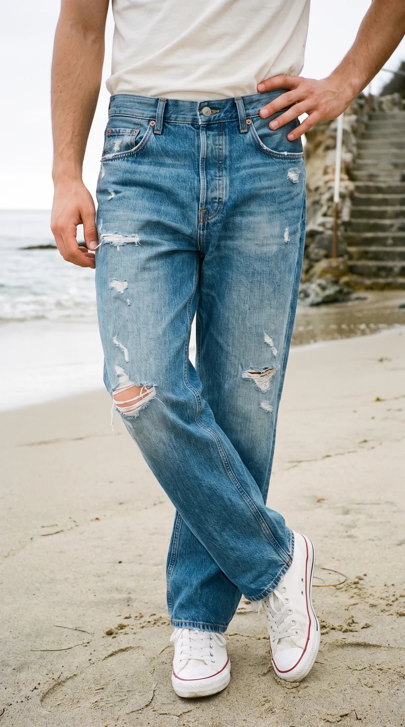 Men's Distressed Boyfriend Jeans, Lower body at Three-quarter, Clean Catalog lighting