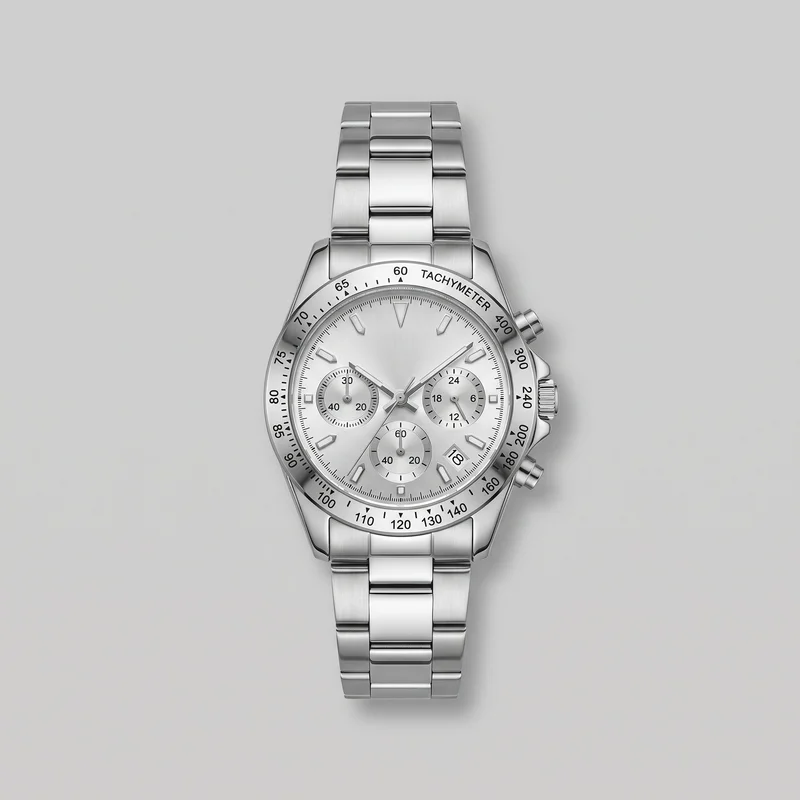 A mostly complete front-facing view of a women's silver wristwatch with a round case, marked tachymeter bezel, and integrated three-link bracelet. The busy dial has baton hour markers, central hands, three circular subdials, a minute track around the edge, and a small angled date window near the lower right. A crown flanked by two pushers is visible on the right side, while the bracelet features broad segmented links with narrower center links and stepped seams.