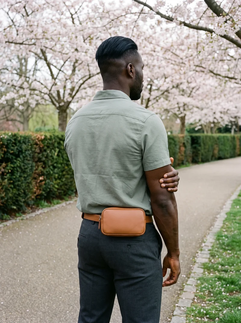 Men's Tan Leather Belt Bag, Three-quarter length at Back, Clean Catalog lighting