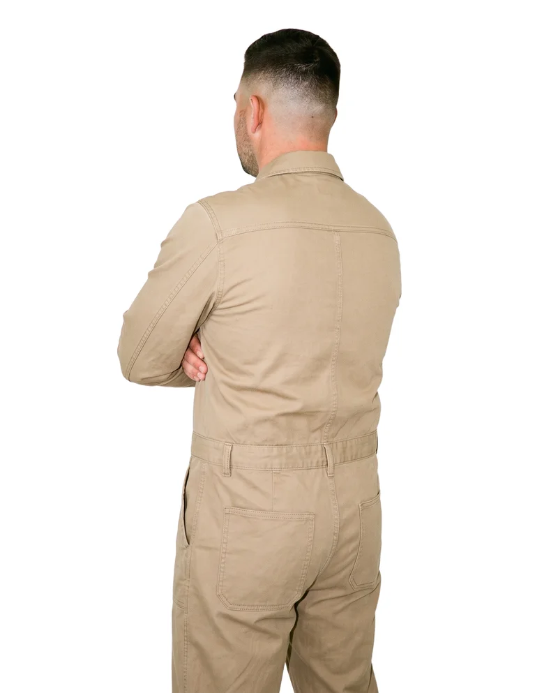 Men's Khaki Utility Boilersuit, Three-quarter length at Back, Studio Cutout lighting