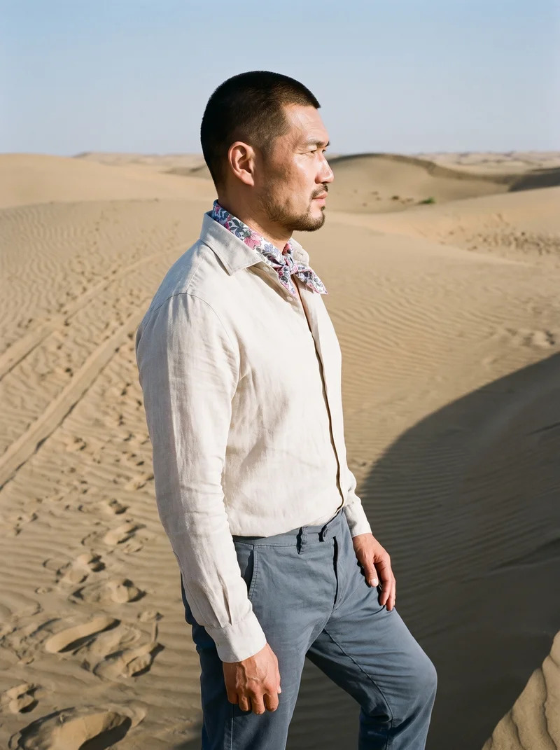 Floral Print Pocket Square, Three-quarter length at Side, Flash Editorial lighting