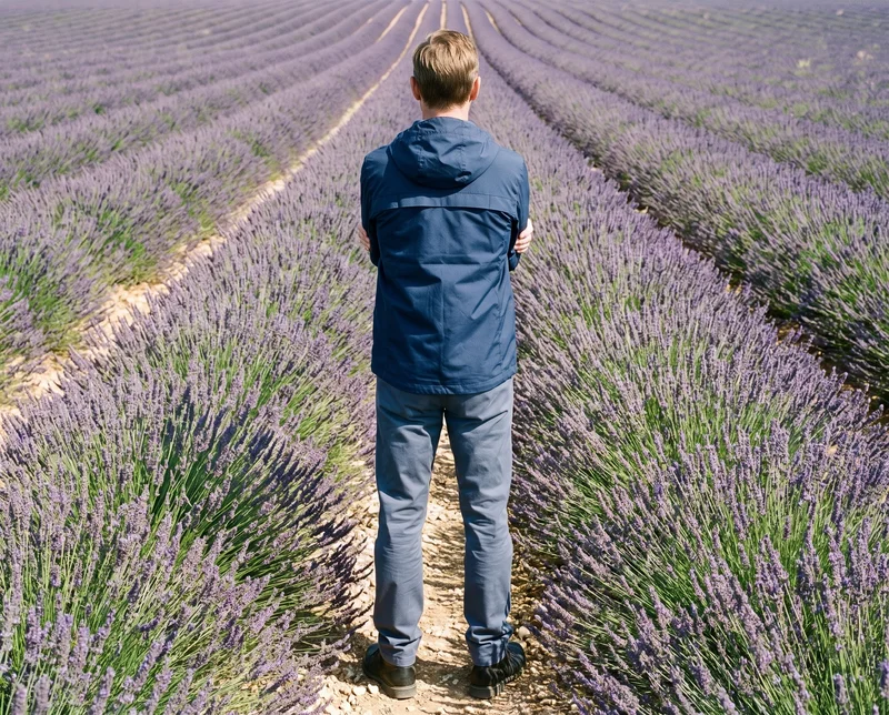 A 58-year-old Caucasian man wears a men's navy rain-shell jacket in a full-body back view while holding himself in a self-hug pose. A lavender field forms the backdrop.