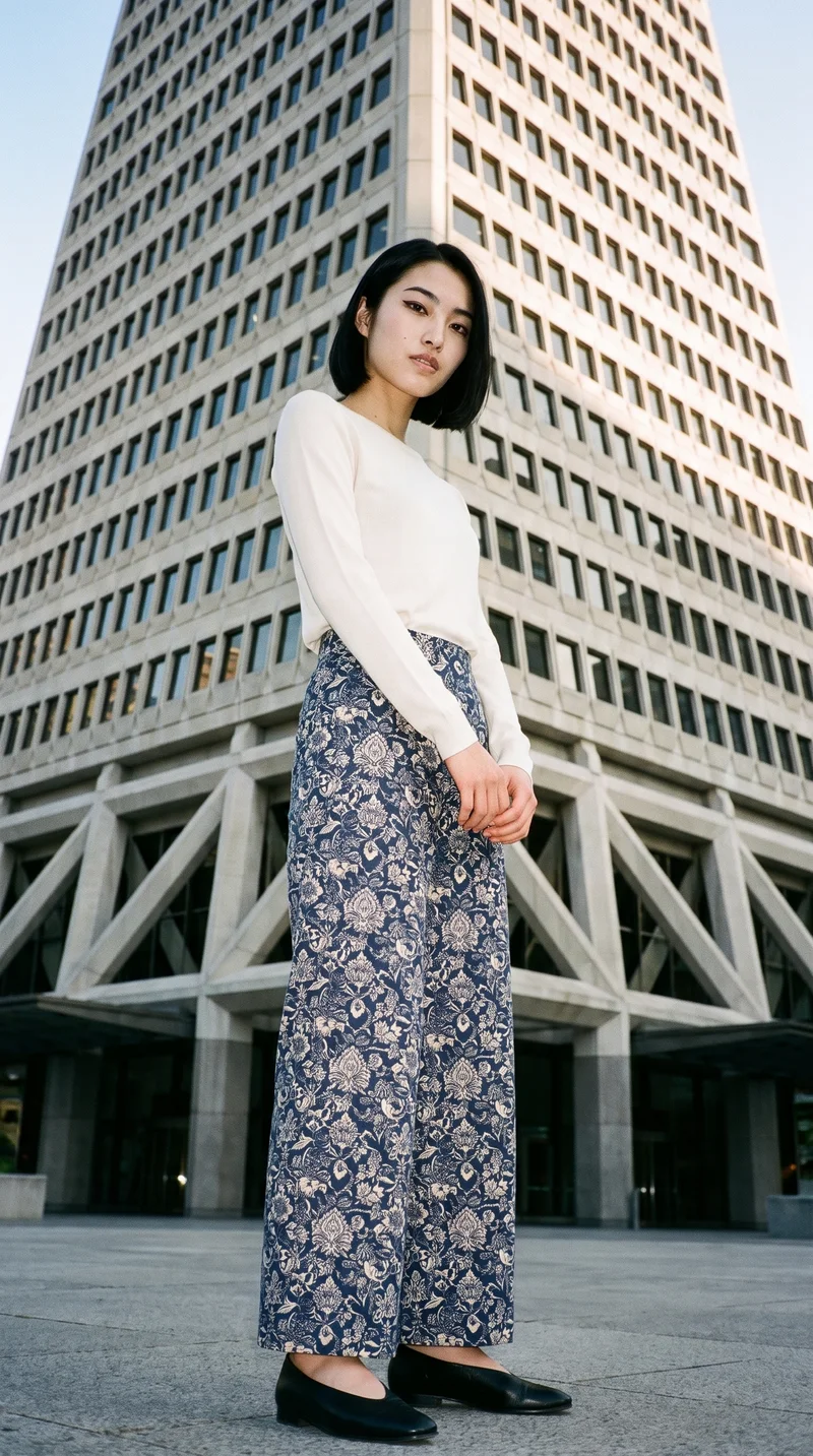 Printed Palazzo Trousers, Full body at Three-quarter, Natural E-Commerce lighting