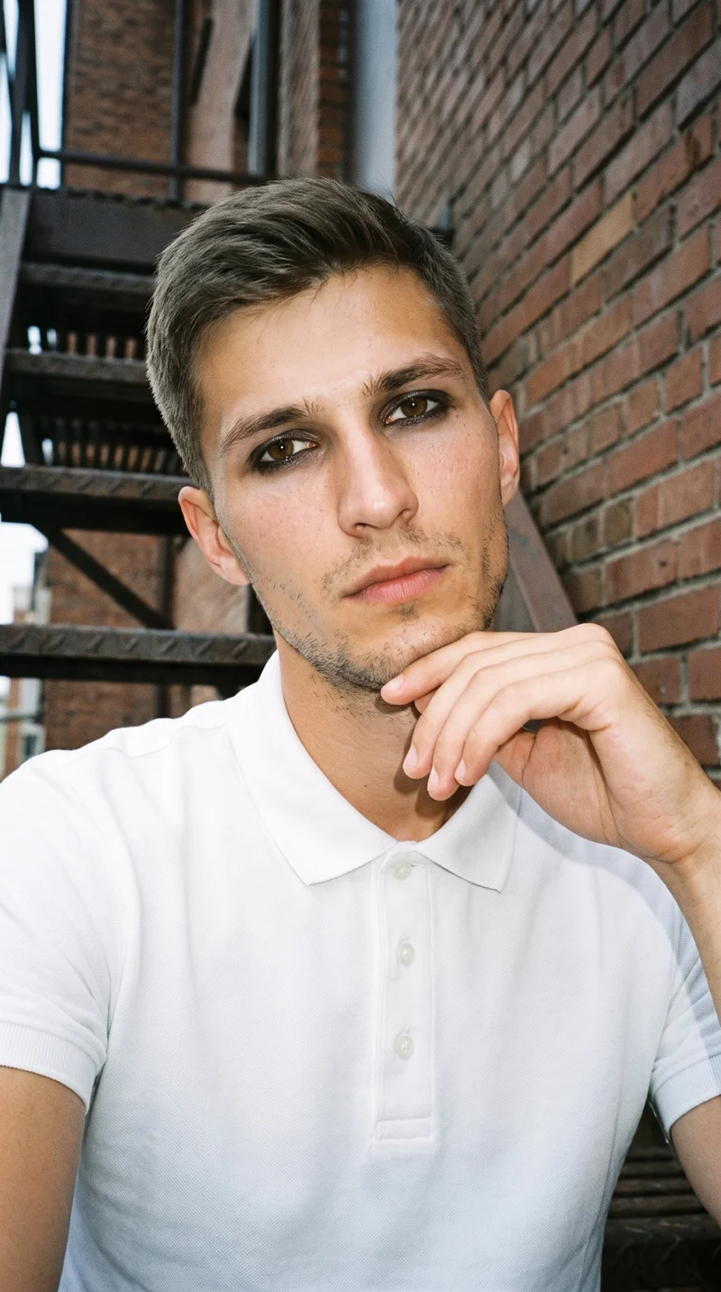 Men's White Polo Shirt, Selfie at Front, Clean Catalog lighting
