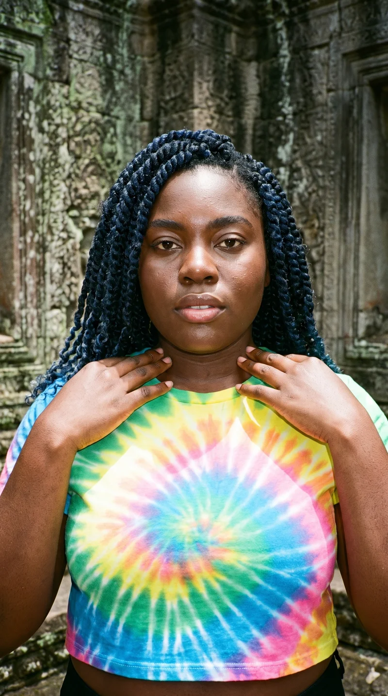 A 33-year-old African woman wears a tie-dye crop top in a bust-framed front view, with her hands at her collarbones and a neutral expression. A Kyoto Temple Garden serves as the backdrop.