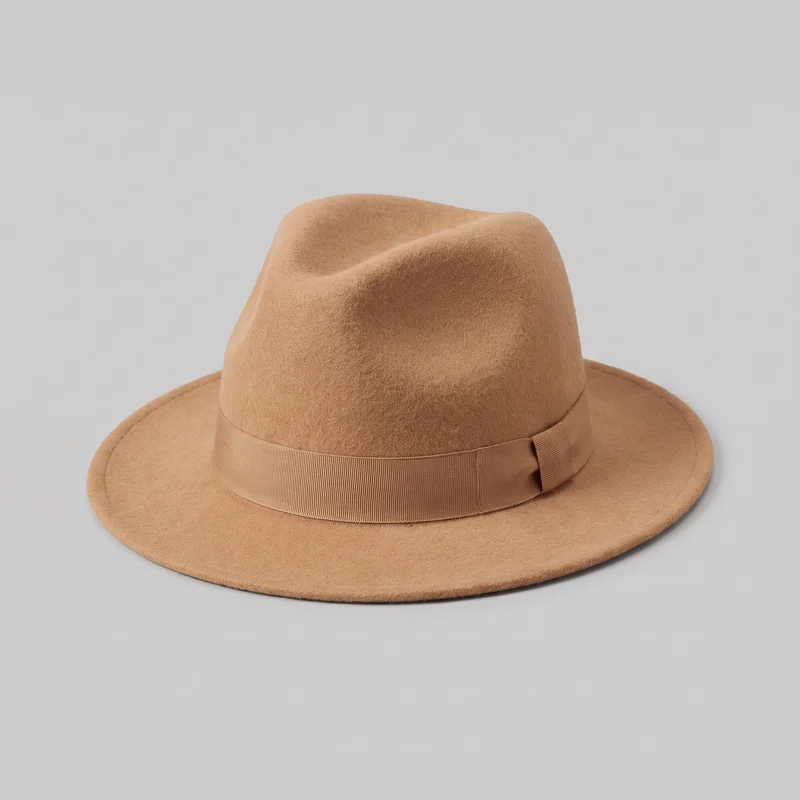 A standalone camel felt fedora with a structured, creased crown and front side pinches. Its moderately downturned brim circles the crown, with a bound-looking outer edge and visible stitching near the perimeter. A wide ribbed hatband wraps around the crown and forms a flat folded bow on one side.