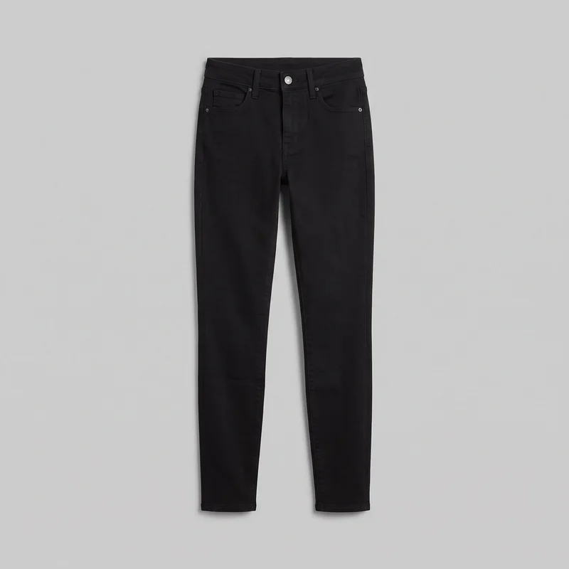Full-length black skinny jeans laid flat in a standalone front view. The jeans have a slim skinny fit, mid-rise waistband, narrow legs, straight hem openings, belt loops, a center waistband button, a fly, curved front pockets, a coin pocket, and rivets at the pocket corners. Visible stitching outlines the waistband, pockets, fly, side seams, inseams, and hems.