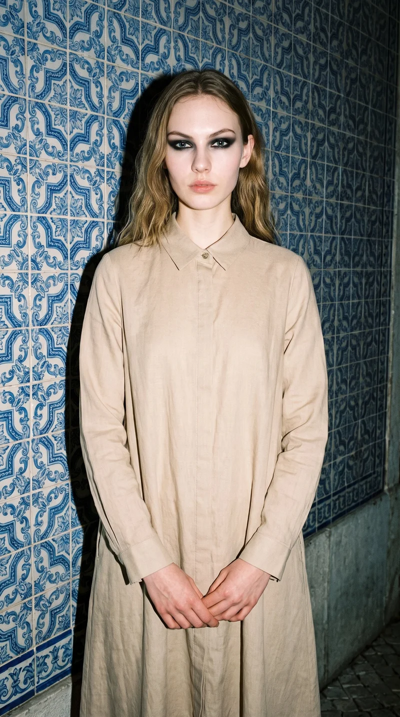 An 18-year-old Caucasian woman wears a beige modest shirt dress in a 3/4-length front view, with her hands held in front and a serious expression. A Portuguese tile street forms the backdrop.