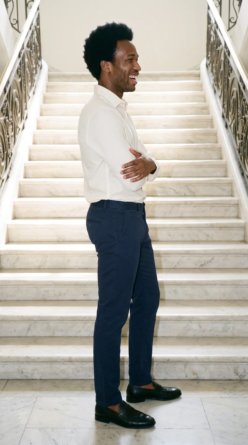 A 19-year-old African man is shown full body in side view wearing men's navy chinos, with his arms held low and a laughing expression. A marble staircase forms the backdrop.