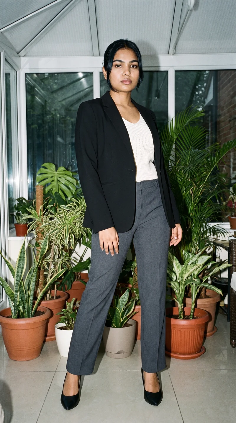 A 20-year-old Indian woman wears a women's black tailored blazer in a full-body front view. She stands with a waist twist and a neutral expression against a sunroom backdrop.