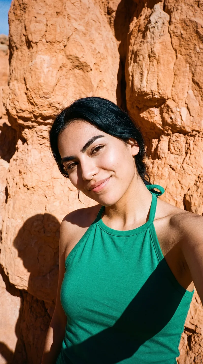 A 19-year-old Indigenous American woman wears an emerald green halter top in a front-view selfie. She tilts her head and smiles, with the Bryce Canyon hoodoos as the backdrop.