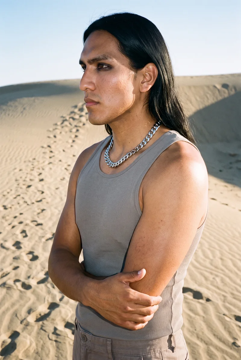 Men's Cuban Link Chain, Upper body at Side, Flash Editorial lighting