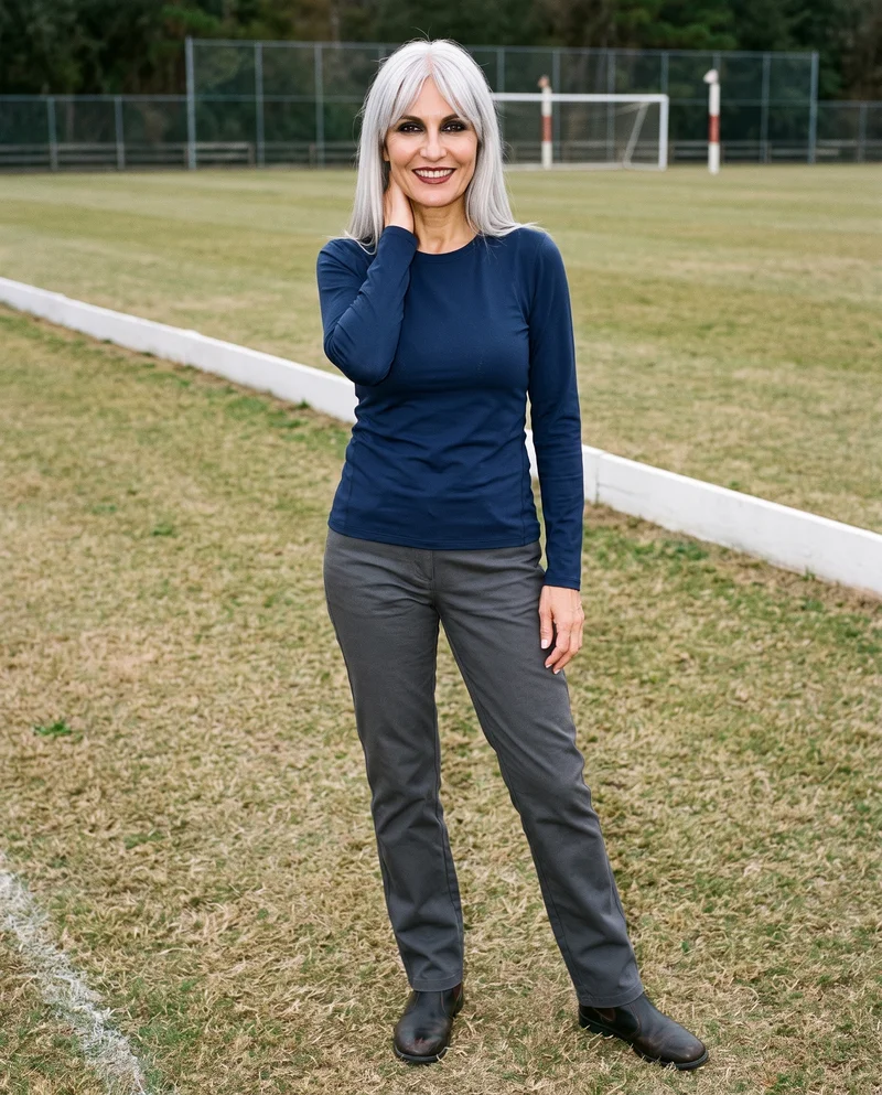 A 58-year-old Caucasian woman is shown full body from the front, wearing a women's navy long-sleeve base layer. She is smiling with one hand behind her neck, against a polo field backdrop.