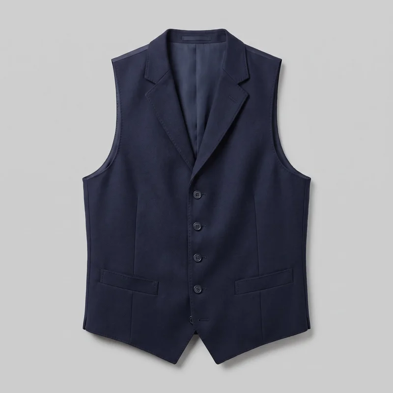 A complete front view of a men’s navy wool waistcoat laid flat against a backdrop. The sleeveless tailored design has notched lapels, a single-breasted button front, shaping seams, two lower welt pockets with rectangular flaps, and a pointed front hem.