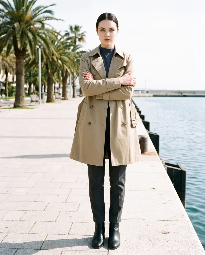 A 21-year-old Caucasian woman is shown full body from the front wearing a women's khaki belted trench coat. She stands in a self-hug pose with a serious expression, against a waterfront promenade with palm trees in the backdrop.