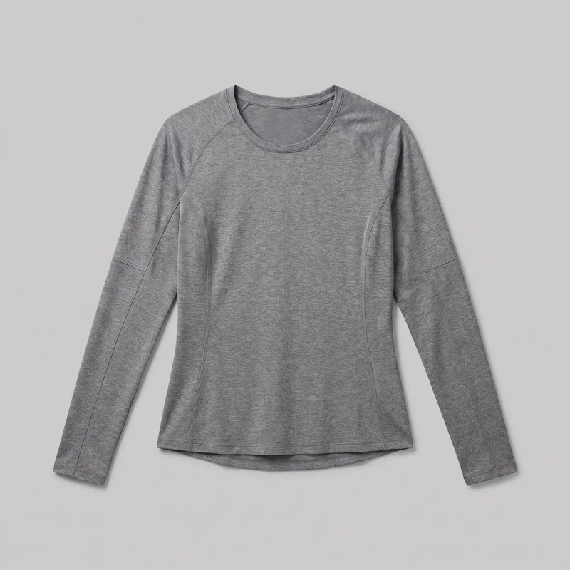 A mostly complete standalone view of a grey women's long-sleeve crewneck athletic top, shown flat with the sleeves spread outward. The top has a slim, gently shaped silhouette, a bound round neckline, raglan-style shoulder seams, vertical shaped seams through the torso, sleeve seam lines, and clean stitched cuffs and hems. The straight front hem sits above a slightly dropped curved back hem visible below it; no closures, pockets, logos, prints, embroidery, or embellishments are visible.
