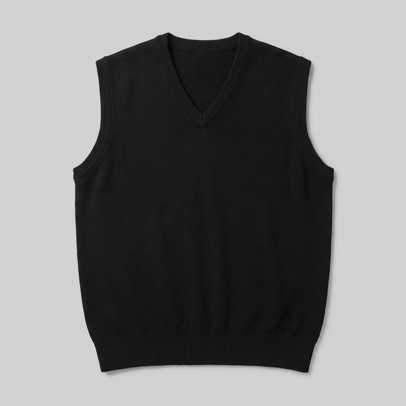 A mostly complete front view of a black sleeveless V-neck sweater vest laid flat. It has broad shoulder coverage, large armholes with ribbed trim, a plain front without visible closures or pockets, and a wide ribbed bottom band.