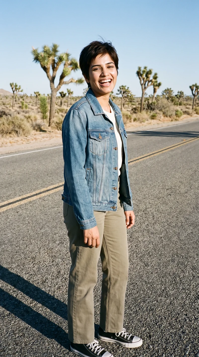 A 20-year-old Indian woman wears a women's mid-wash oversized denim jacket in a full-body front three-quarter view. She is laughing with one foot forward, against a Joshua Tree desert highway backdrop.