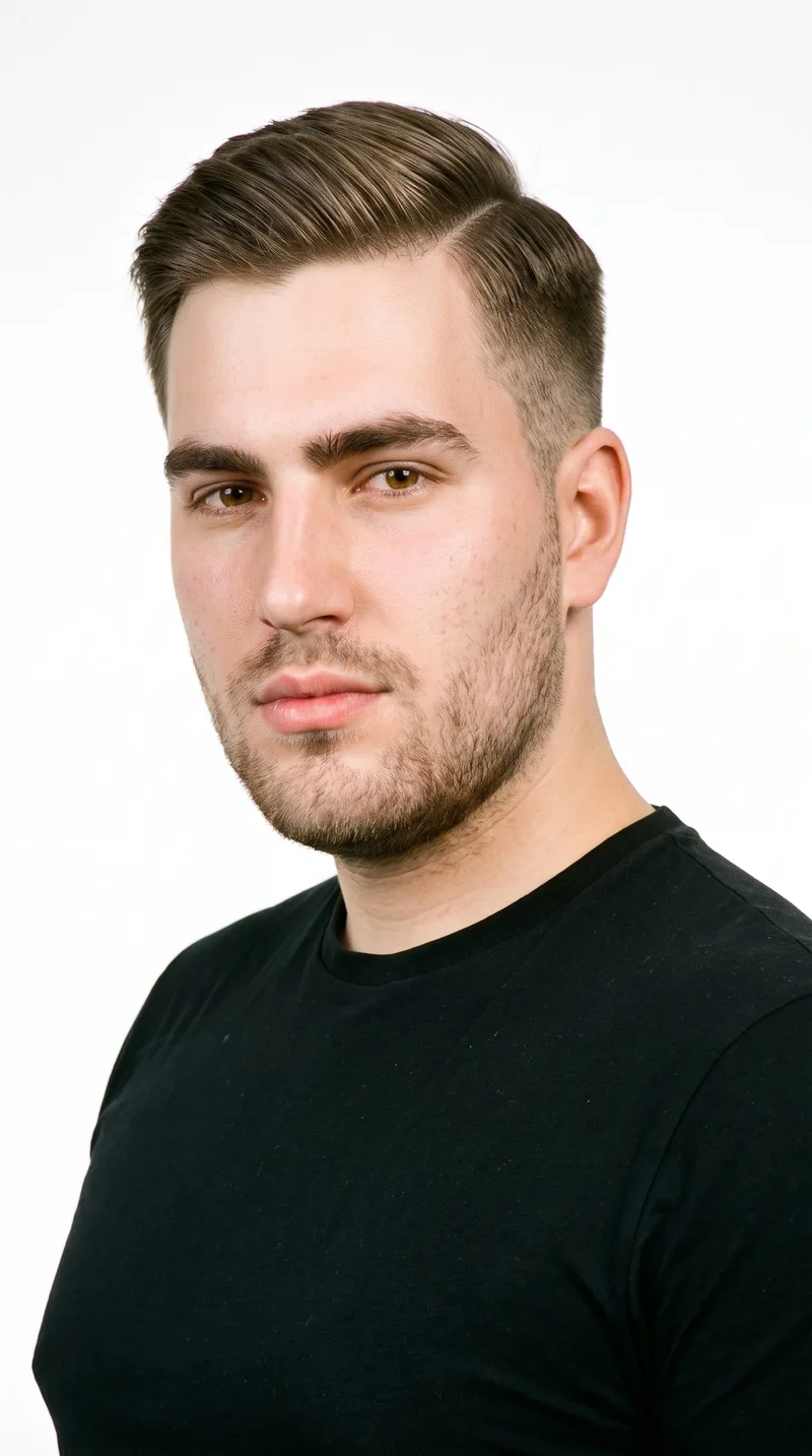 This 20-year-old Caucasian man has medium skin with a cool undertone and a Roman face shape marked by a prominent nose line and defined jaw. His eyebrows are thin, and his eyes are amber. He has full lips, ash-brown hair with a cool undertone combed to one side along a defined part, and dense heavy stubble forming a dark layer across the beard area.