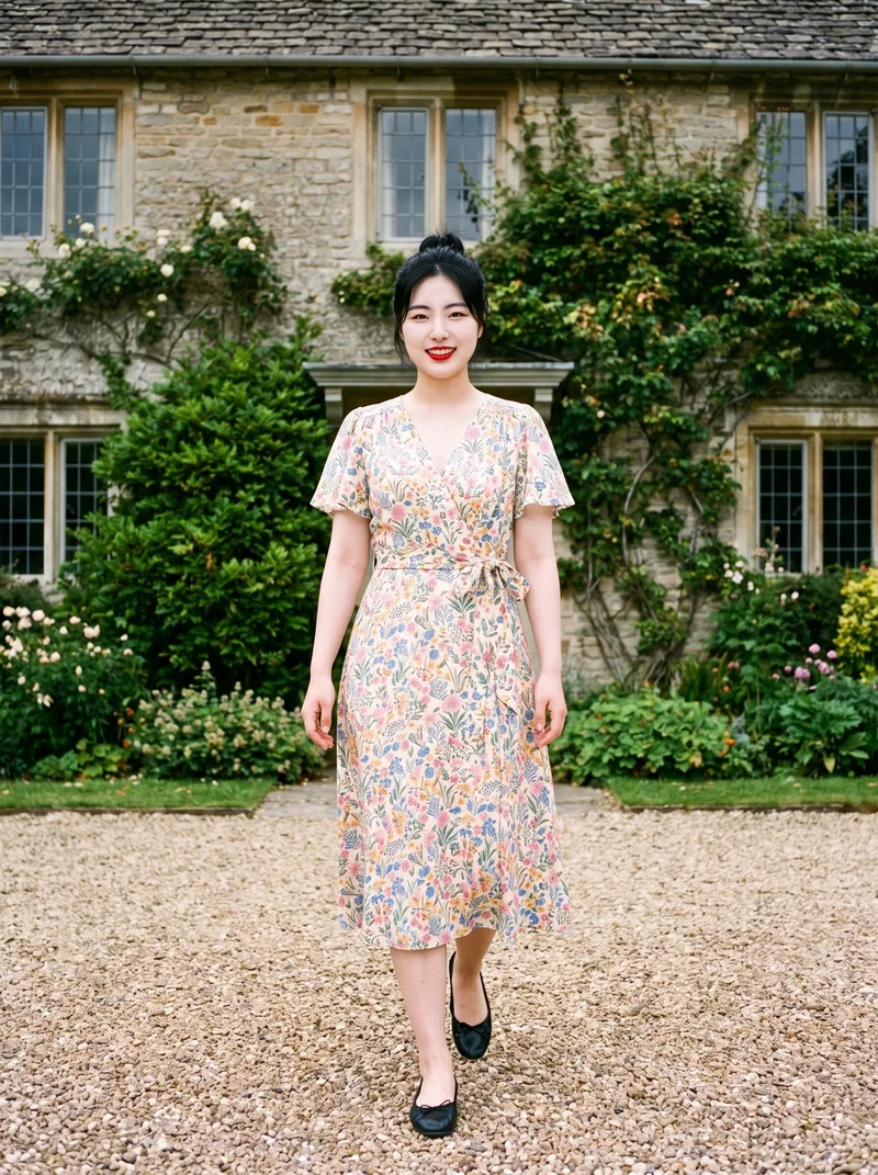 A 20-year-old Korean woman is shown full body from the front while walking and smiling in a floral print wrap dress. An English countryside manor forms the backdrop.