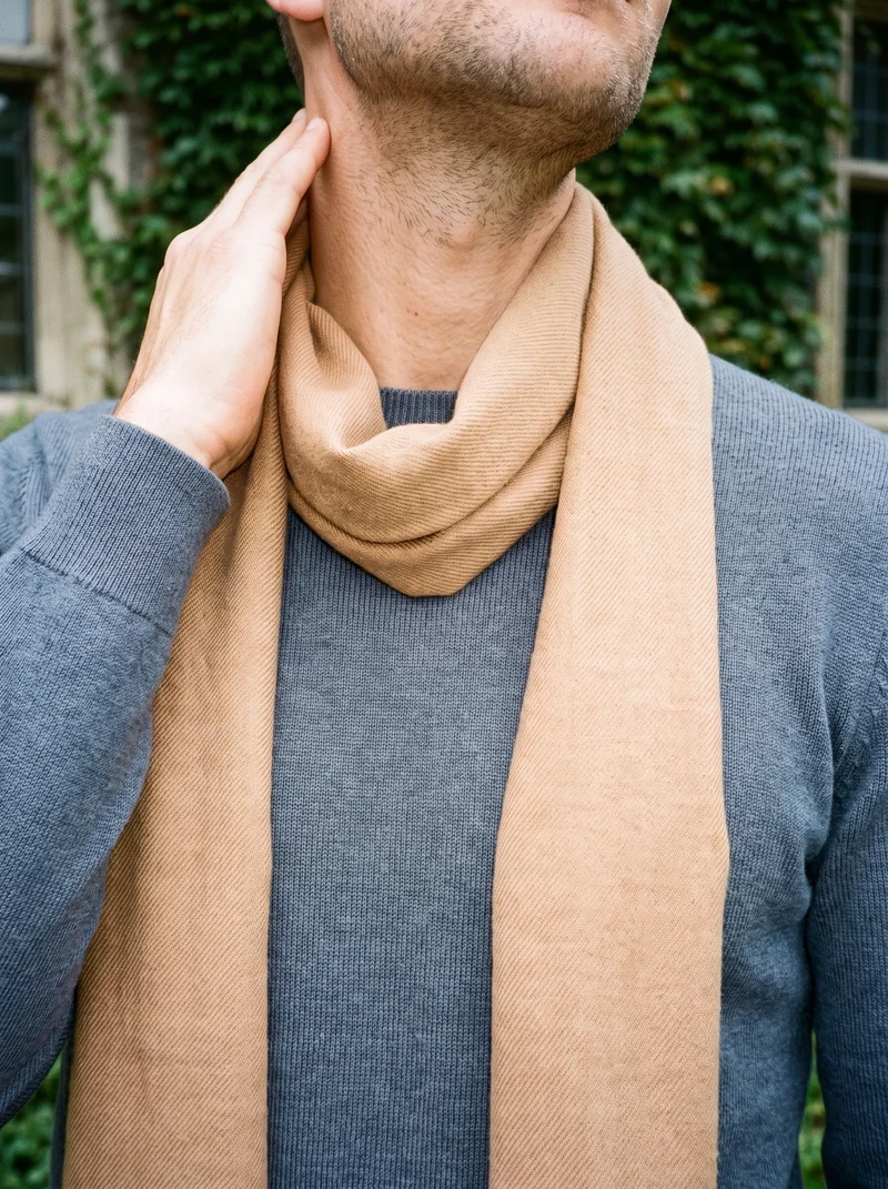 Men's Camel Cashmere Scarf, Neck at Front, Clean Catalog lighting